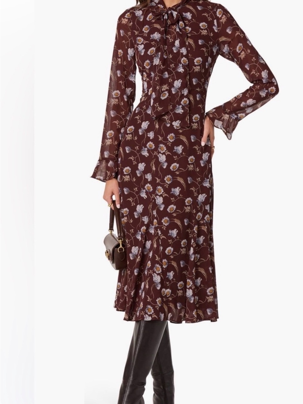 NWT ASTR The Label Brown Blue Floral Tie-Neck Midi Dress Size L